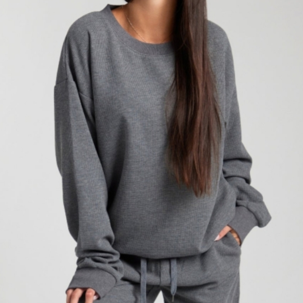🤑PRICE FIRM🥰 NIP!❤️ COMFRT WAFFLE LOUNGE CREW LONG SLEEVE TOP Medium Gray M